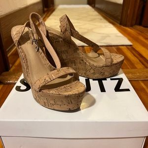 Schultz size 7.5 cork neutral colored wedges. In box, never worn